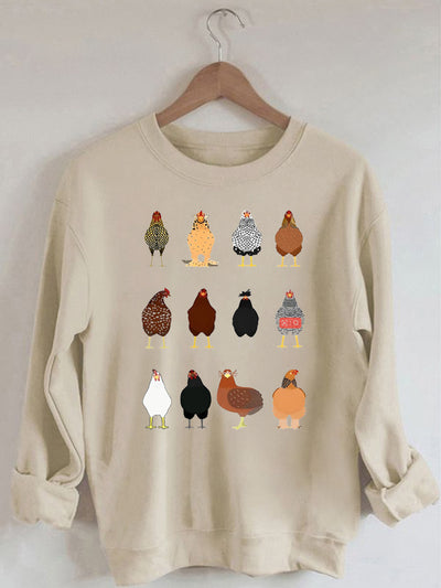 Women's Chickens Print Cotton Female Cute Long Sleeves Sweatshirt