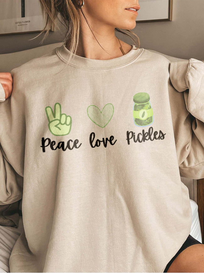Women's Peace Love Pickles Print Cotton Female Cute Long Sleeves Sweatshirt
