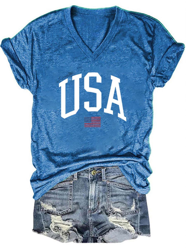 Women's USA Flag V-neck Print T-shirt