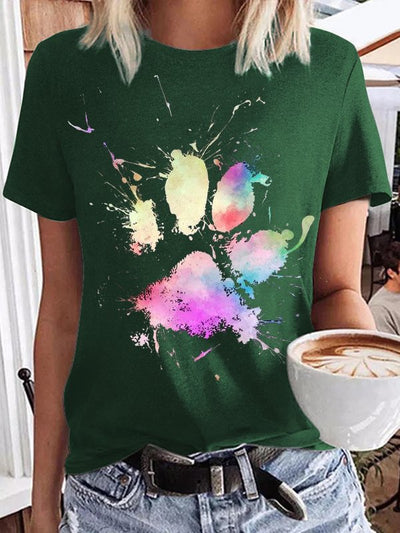 Women's Colorful Dog Paw Print Round Neck T-shirt