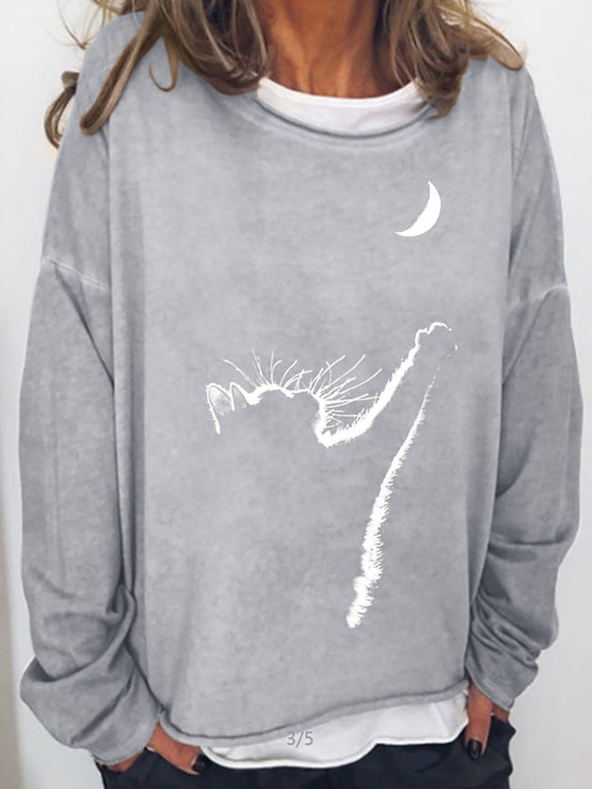 Women‘s Cat Moon Print Casual Long Sleeve Sweatshirt