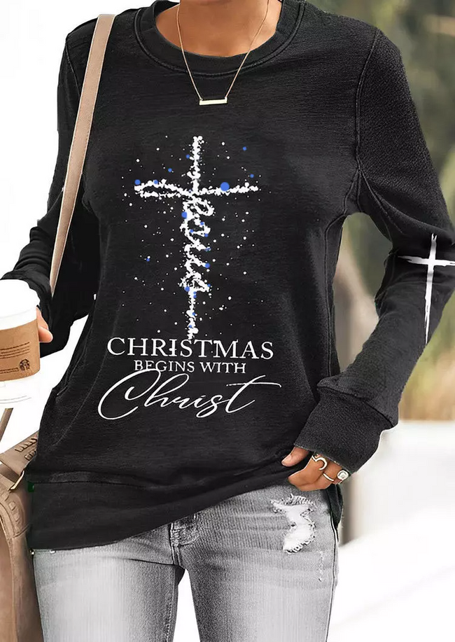 Women's Christmas Jesus Begin With Christ Printing Long Sleeve Shirt