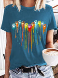 Women's Colorful Dog Paw Heart Print Round Neck T-shirt