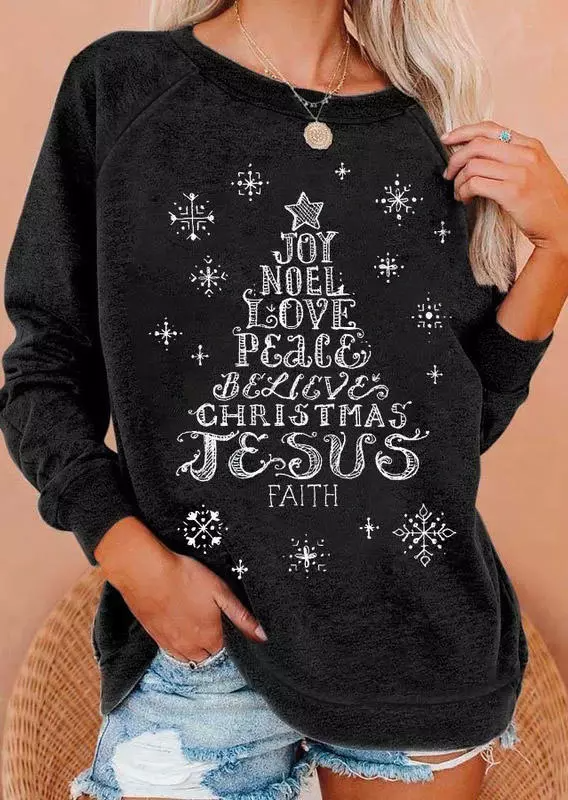 Women's Christmas Jesus Faith Tree Snowflake Printing Long Sleeve Shirt