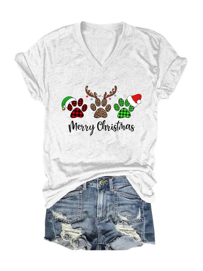 Women's Merry Christmas Dog Paws V-Neck T-Shirt