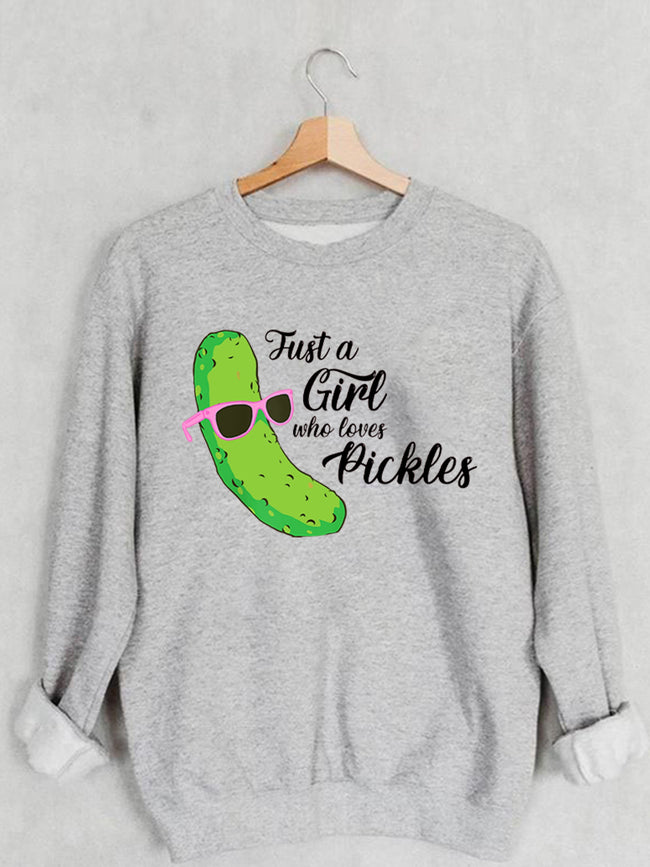 Women's Just a Girl Who Loves Pickles Print Cotton Female Cute Long Sleeves Sweatshirt