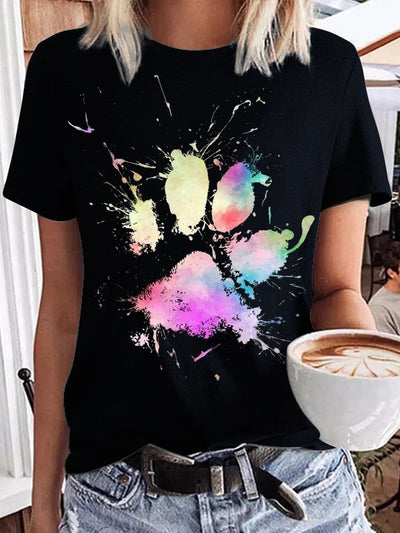 Women's Colorful Dog Paw Print Round Neck T-shirt