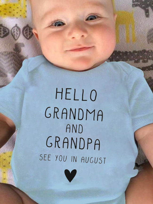 Palbrave HELLO GRANDMA AND GRANDPA SEE YOU IN AUGUST Printed Baby Onesies