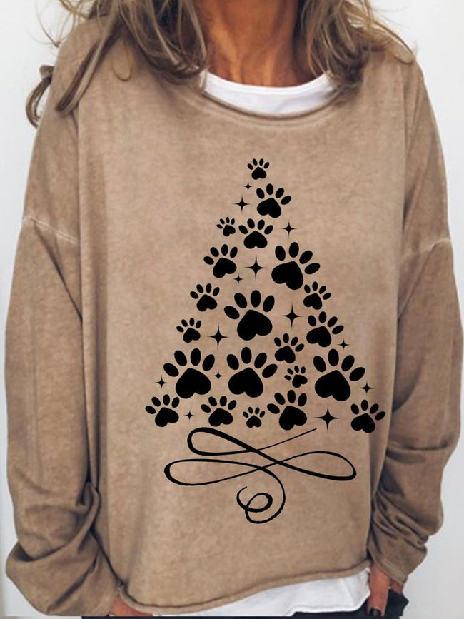 Women‘s Christmas Tree With Paws Crew Neck Long Sleeve Shirt