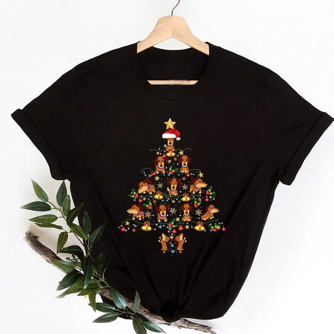 Women's Christmas Dog Tree Printed Crew Neck T-Shirt