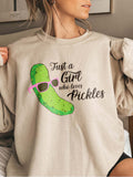Women's Just a Girl Who Loves Pickles Print Cotton Female Cute Long Sleeves Sweatshirt