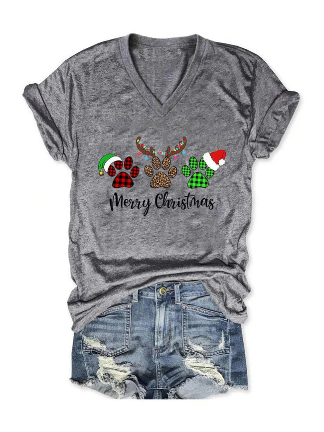 Women's Merry Christmas Dog Paws V-Neck T-Shirt