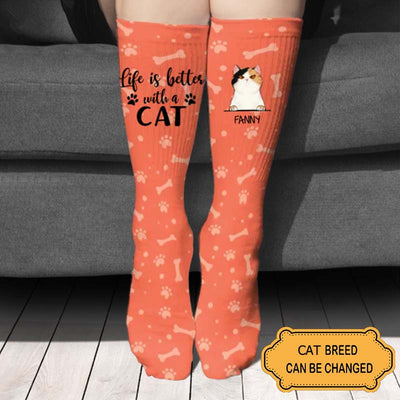 Life Is Better With A Cat Sock Gift For Cat Lovers Personalized Custom Sock