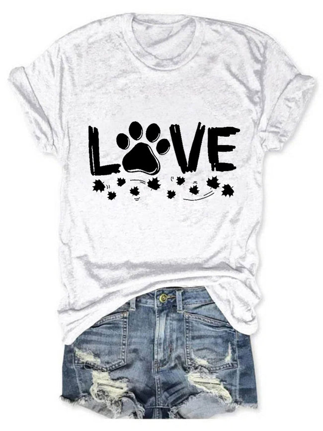 Women's Love Dog Paw Print Round Neck T-shirt
