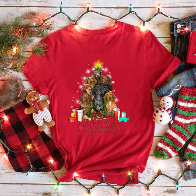 Women's Merry Christmas Dog Tree Printed Crew Neck T-Shirt