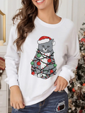Women's Christmas Cat Print Long Sleeve Shirt